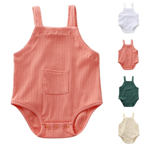 Hvobtty Toddler Thin Sleeveless Rompers, Toddler Summer Rompers, Kids Practice Crawling Suit Solid Color Pocket Jumpsuit Overalls Rompers Orange 0-3 Months