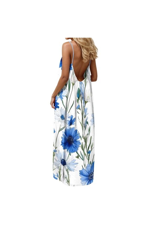 Backless Dresses for Women, Sleeveless Ankle Length Spaghetti Strap Print Dresses Comfy Loose FLowy Summer Vacation Casual Dress