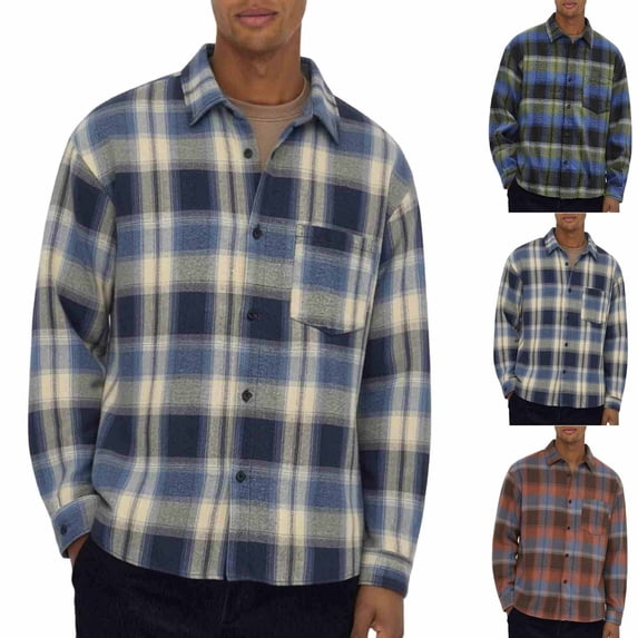 Hvogkswy Big & Tall Button Up Shirt Men Fall Soft Lightweight Flannel Shirt Long Sleeve Lapel Plaid Shirts with Pocket M-5XL