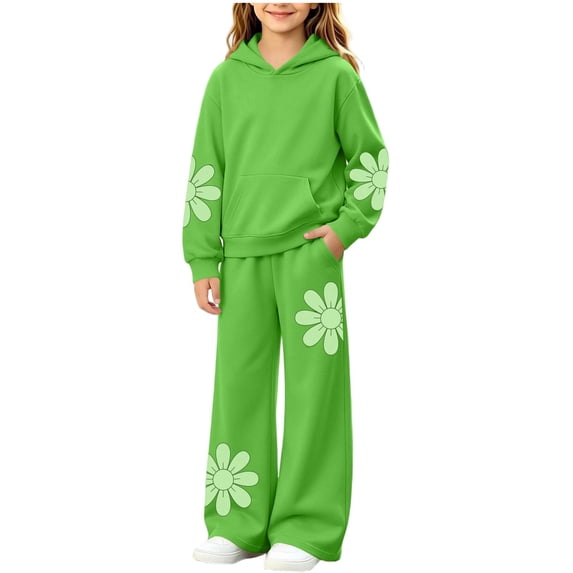 Hvogkswy Boys Girls Sweatsuit Floral Print Kids Sweat Suits Long Sleeve Hooded Sweatshirt & Wide Leg Sweatpant Fall Fashion Tracksuits