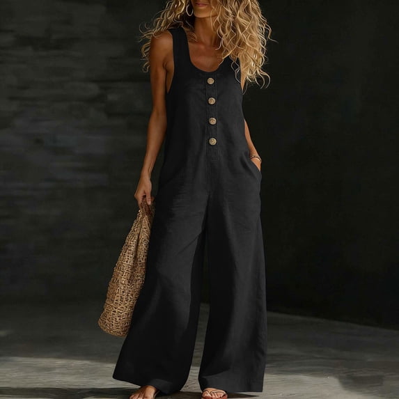 Hvogkswy Button Down Jumpsuits for Women U-Neck Sleeveless Wide Leg Romper with Pockets Loose Breathable Beach Vacation Summer Casual Jumpsuit