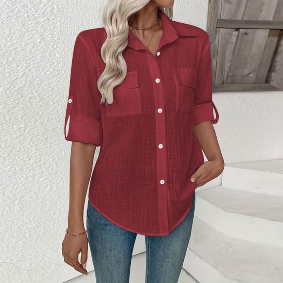 Hvogkswy Button Down Shirts for Women Solid Lapel Long Sleeve Blouses Thin Comfy Casual Business Work Shirts with Chest Pockets