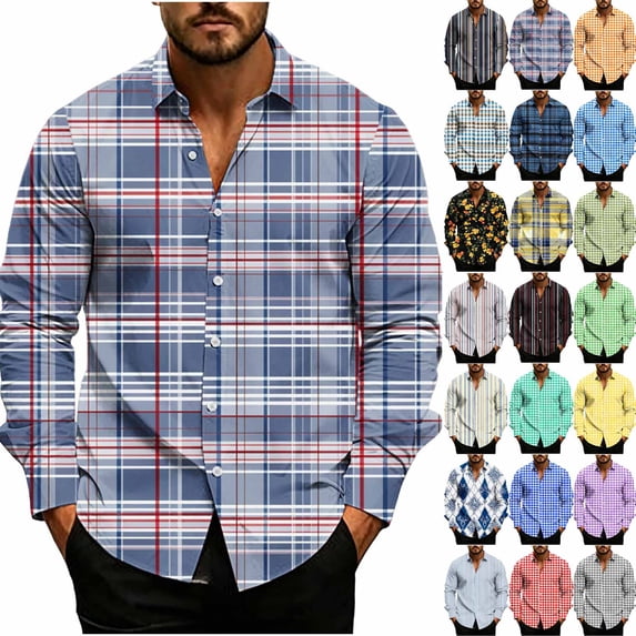 Hvogkswy Button Up Shirt Men Fashion Printed Lapel Long Sleeve Shirts Loose Comfy Casual Shirts S-3XL