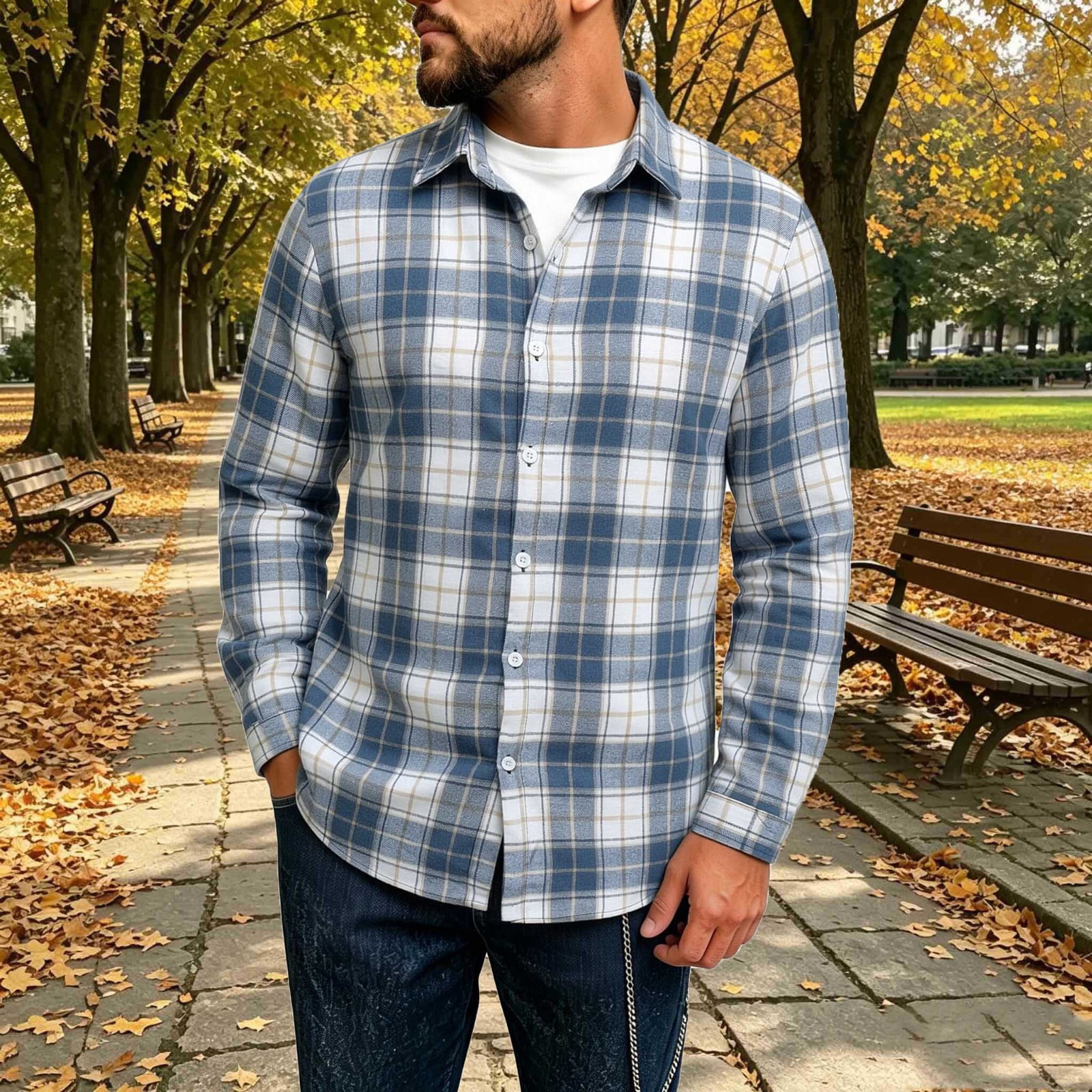 Hvogkswy Button Up Shirt Men Lapel Long Sleeve Button Plaid Shirt Loose ...