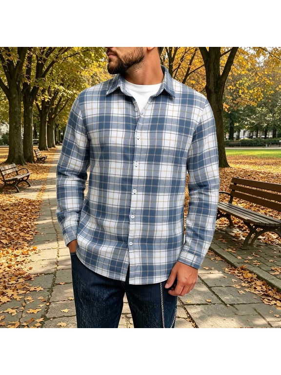 Button Up Shirt Men Lapel Long Sleeve Button Plaid Shirt Loose Casual Soft Brushed Flannel Plaid Shirt, Gifts for Men