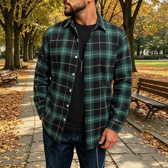 Hvogkswy Button Up Shirt Men Lapel Long Sleeve Button Plaid Shirt Loose Casual Soft Brushed Flannel Plaid Shirt, Gifts for Men