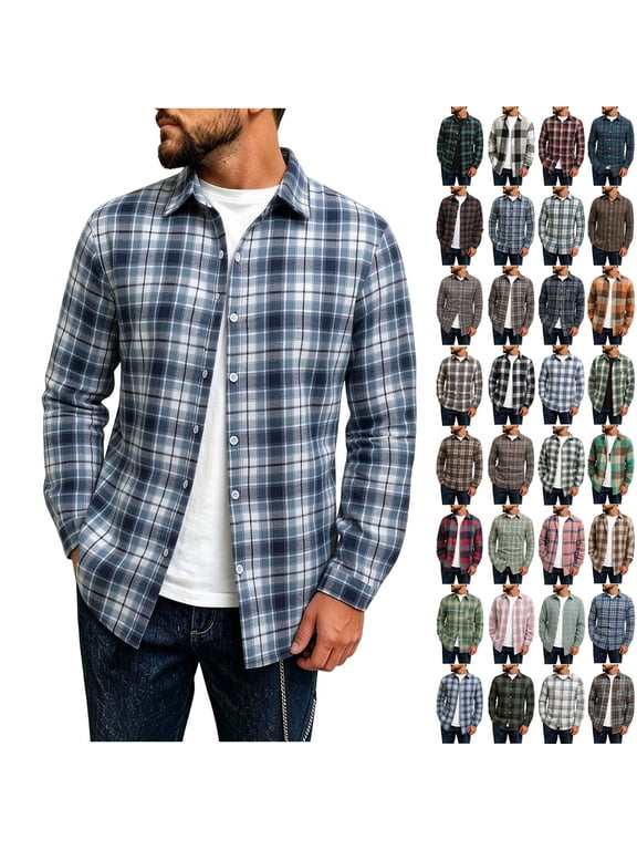 Button Up Shirt Men Lapel Long Sleeve Button Plaid Shirt Loose Casual Soft Brushed Flannel Plaid Shirt, Gifts for Men