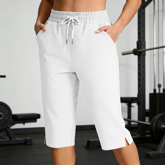 Hvogkswy Capri Pants for Women Solid Straight Drawstring Elastic Waist Capris with Pockets Loose Comfy Summer Casual Capri Pants