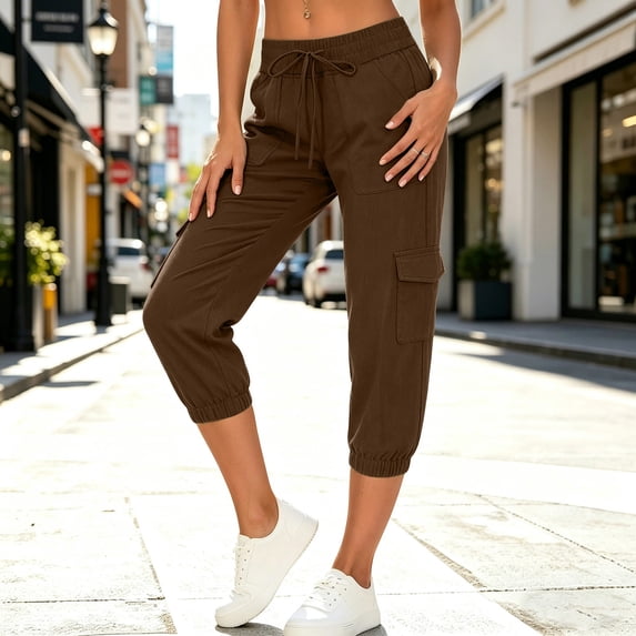 Hvogkswy Cargo Capri Pants for Women Solid Straight Mid-Rise Drawstring Capris Loose Fitted Multi Pockets Summer Outdoor Hiking Pants