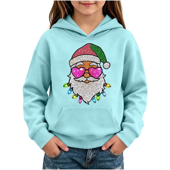 Hvogkswy Christmas Hoodies for Girls Trendy Festive Printed Hooded Sweatshirt Cozy Long Sleeve Pullover Tops with Kangaroo Pocket 5-14 Years