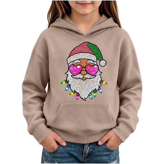 Hvogkswy Christmas Hoodies for Girls Trendy Festive Printed Hooded Sweatshirt Cozy Long Sleeve Pullover Tops with Kangaroo Pocket 5-14 Years