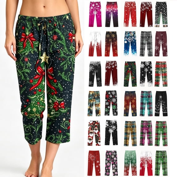Hvogkswy Christmas Pajama Pants Women, Trendy Elastic Waist Drawstring Print Pajama Bottoms Winter Casual Home Comfy Capri Sleep Pants S-3XL