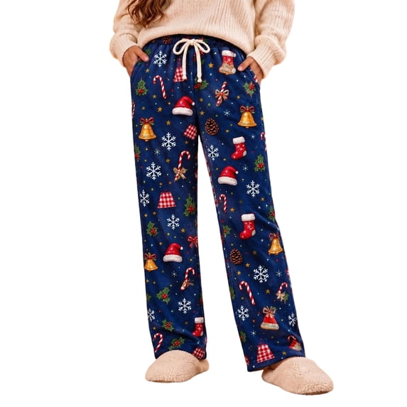 Hvogkswy Christmas Pajama Pants for Women Winter Drawstring High Waist Fleece Sleep Pants Holiday Loungewear Trousers with Pockets
