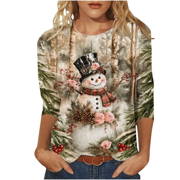 Hvogkswy Christmas Shirts for Women Oversize Crewneck 3/4 Sleeve T-Shirts Trendy Holiday Print Casual Home Pullover Tops, Gifts for Women