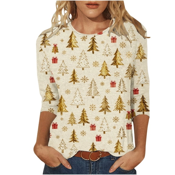 Hvogkswy Christmas Shirts for Women Oversize Crewneck 3/4 Sleeve T-Shirts Trendy Holiday Print Casual Home Pullover Tops, Gifts for Women