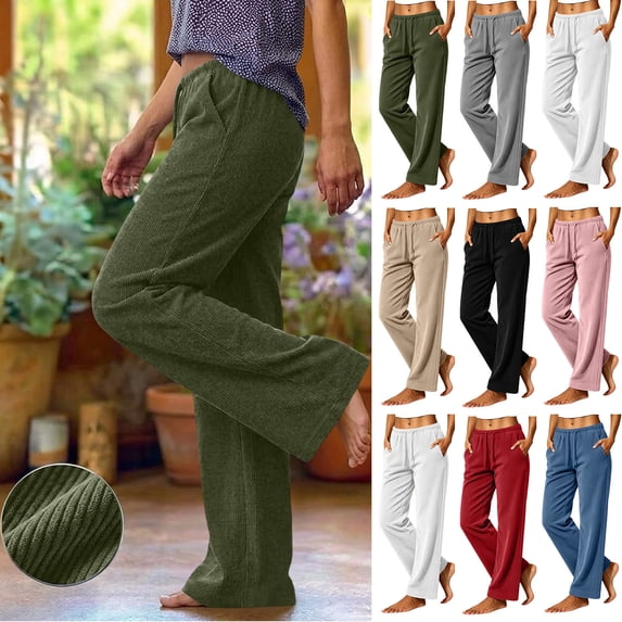 Hvogkswy Corduroy Pants Women, Fall Winter Loose Straight Leg Pants Drawstring Elastic High Waist Casual Trousers with Pockets