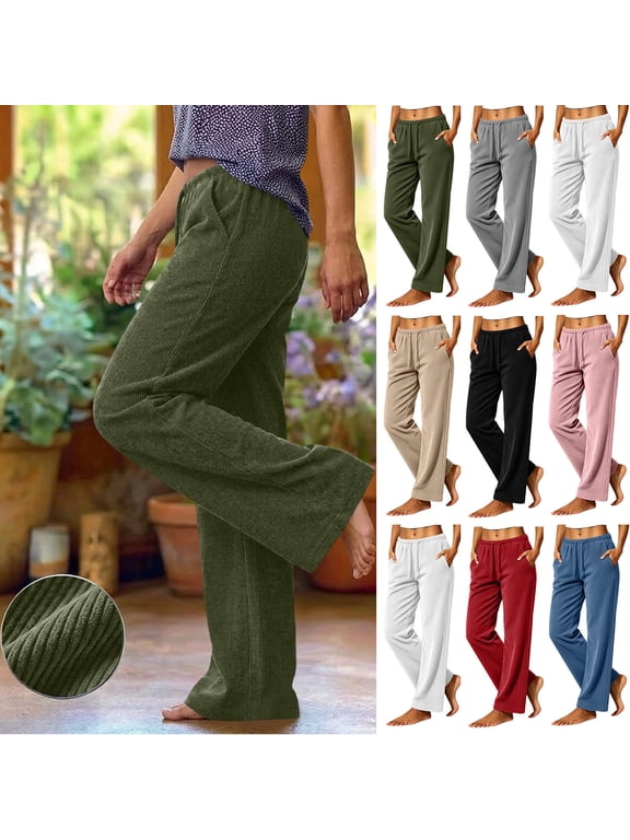 Corduroy Pants Women, Fall Winter Loose Straight Leg Pants Drawstring Elastic High Waist Casual Trousers with Pockets