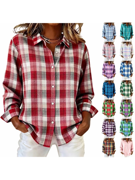 Cotton Button Down Shirts for Women Trendy Casual Fall Plaid Flannel Shirts Long Sleeves Oversized Shirt S-2XL