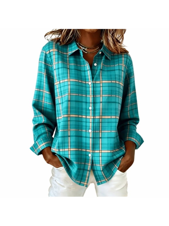 Cotton Button Down Shirts for Women Trendy Casual Fall Plaid Flannel Shirts Long Sleeves Oversized Shirt S-2XL