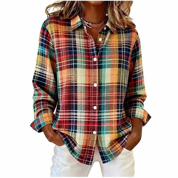 Hvogkswy Cotton Button Down Shirts for Women Trendy Casual Fall Plaid Flannel Shirts Long Sleeves Oversized Shirt S-2XL