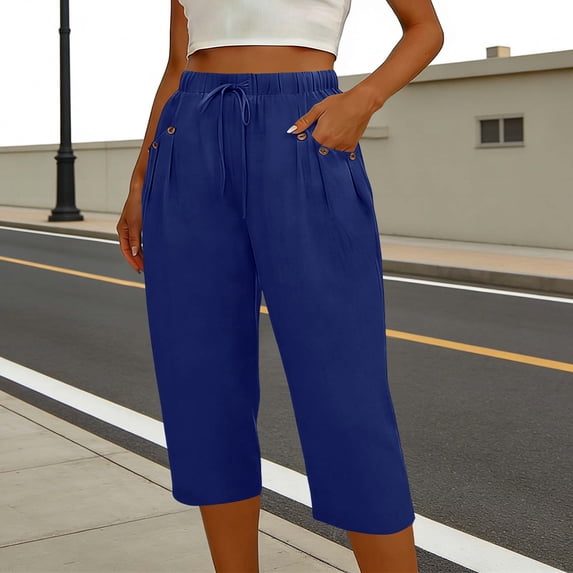 Hvogkswy Cotton Linen Capri Pants for Women Straight Solid Drawstring Elastic Waist Capris with Pockets Summer Casual Capri Pants