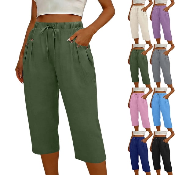 Hvogkswy Cotton Linen Capri Pants for Women Straight Solid Drawstring Elastic Waist Capris with Pockets Summer Casual Capri Pants
