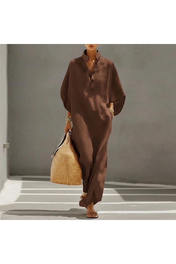 Cotton Linen Dress for Women Solid Mock Neck Half Button Maxi Dresses Batwing Sleeve Pockets Loose Flowy Casual Summer Dresses