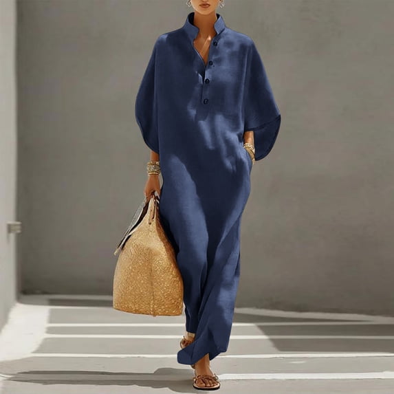 Hvogkswy Cotton Linen Dress for Women Solid Mock Neck Half Button Maxi Dresses Batwing Sleeve Pockets Loose Flowy Casual Summer Dresses