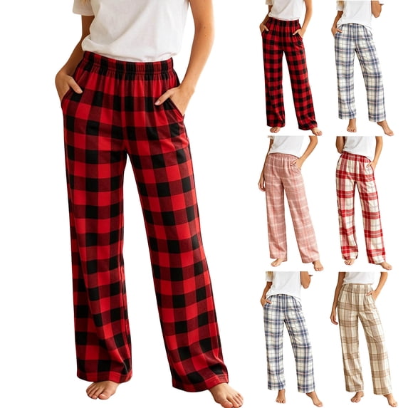 Hvogkswy Cotton Pajama Pants Women, Loose Straight Elastic High Waist Lounge Pants Thin Comfy Plaid Home Pajama Pants with Pockets