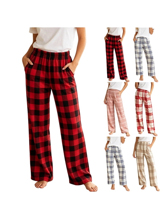 Cotton Pajama Pants Women, Loose Straight Elastic High Waist Lounge Pants Thin Comfy Plaid Home Pajama Pants with Pockets