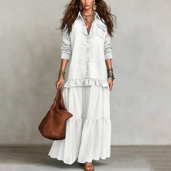 Hvogkswy Denim Dress for Women Long Sleeve Lapel Button Down Flowy Long Dress Loose Bohemian Denim Shirt Maxi Dresses with Ruffle Hem