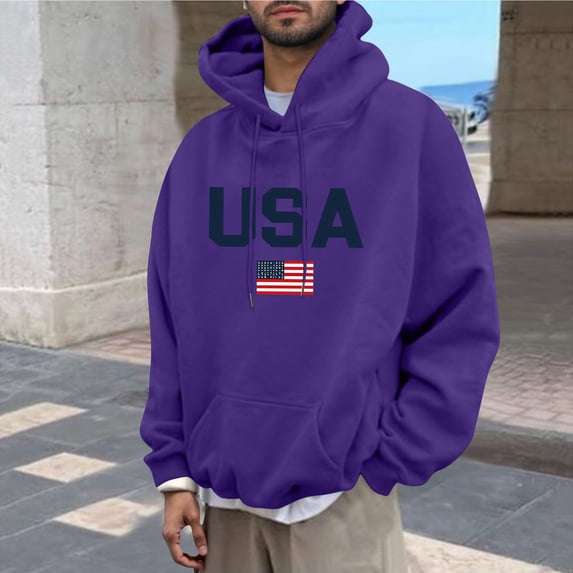 Hvogkswy Drawstring Hooded Sweatshirt for Men USA Graphic Long Sleeve Pullover Hoodies Fashion Fall Oversized Sweatshirts with Kangaroo Pocket