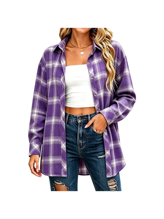 Flannel Shirt Women Long Sleeve Button Down Plaid Shirts Fall Casual Loose Long Business Work Shirts, S-2XL