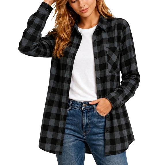 Hvogkswy Flannel Shirt Women Long Sleeve Button Down Plaid Shirts Fall Casual Loose Long Business Work Shirts with Pocket