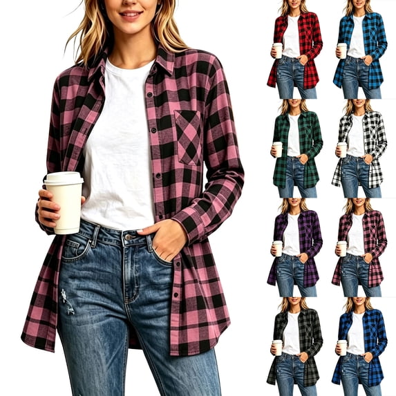 Hvogkswy Flannel Shirt Women Long Sleeve Button Down Plaid Shirts Fall Casual Loose Long Business Work Shirts with Pocket