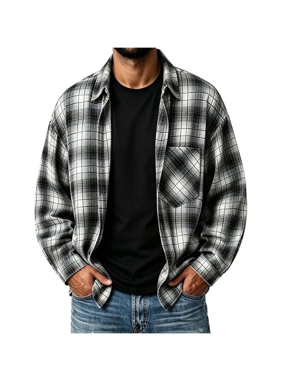 Flannel Shirt for Men Fall Lightweight Button Up Shirt Fashion Long Sleeve Plaid Shirts with Pocket M-3XL