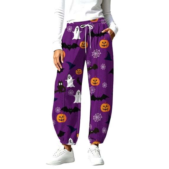 Hvogkswy Halloween Pants for Women Loose Wide Leg Casual Pants with Pockets Elastic Waist Drawstring SweatPants, S-3XL