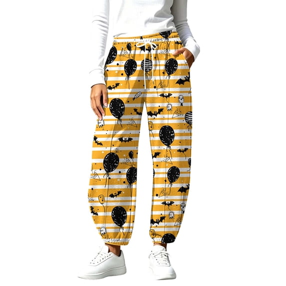 Hvogkswy Halloween Pants for Women Loose Wide Leg Casual Pants with Pockets Elastic Waist Drawstring SweatPants, S-3XL