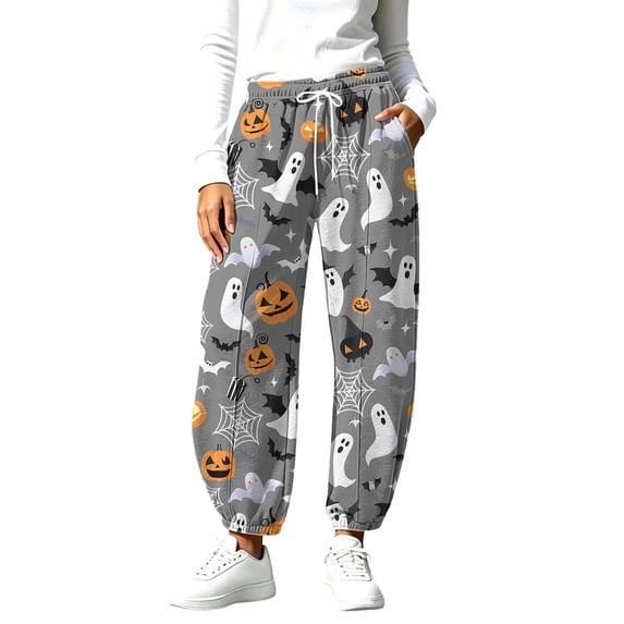 Hvogkswy Halloween Pants for Women Loose Wide Leg Casual Pants with Pockets Elastic Waist Drawstring SweatPants, S-3XL