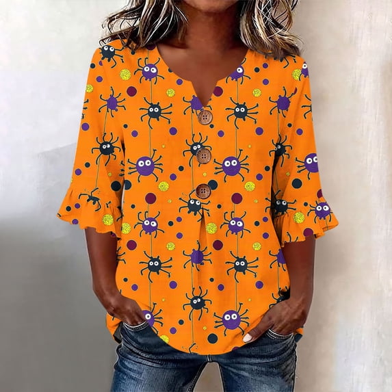 Hvogkswy Halloween Shirts for Women Button Print 3/4 Sleeve Henley Shirts Loose Comfy Holiday Party Casual Shirt, Gifts for Women