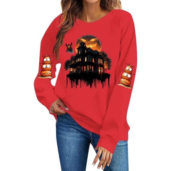 Hvogkswy Halloween Sweatshirt for Women Printed 2026 Long Sleeve Crewneck Sweatshirts Oversized Fall Winter Casual Pullover Tops