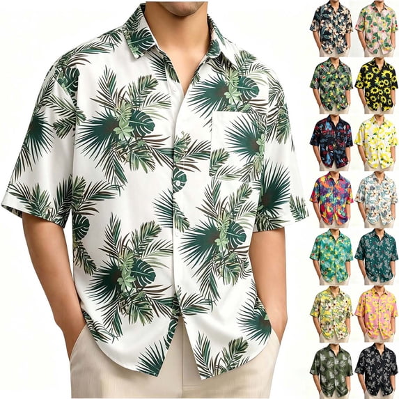 Hvogkswy Hawaiian Shirt for Men Trendy Print Short Sleeve Lapel Shirts Loose Casual Beach Vaction Button Up Shirt, Gifts for Men