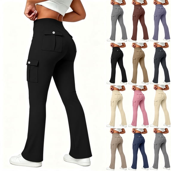 Hvogkswy High Waisted Cargo Pants Women, Stretch Yoga Flare Leggings Casual Workout Cargo Flared Pants with 4 Pockets