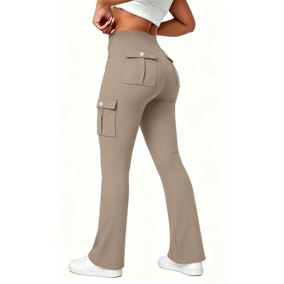 Hvogkswy High Waisted Cargo Pants Women, Stretch Yoga Flare Leggings Casual Workout Cargo Flared Pants with 4 Pockets