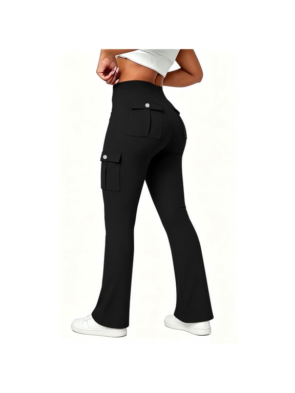 High Waisted Cargo Pants Women, Stretch Yoga Flare Leggings Casual Workout Cargo Flared Pants with 4 Pockets