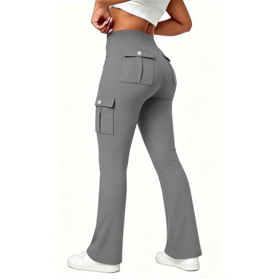 Hvogkswy High Waisted Cargo Pants Women, Stretch Yoga Flare Leggings Casual Workout Cargo Flared Pants with 4 Pockets