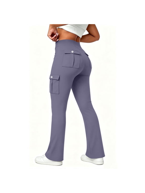 High Waisted Cargo Pants Women, Stretch Yoga Flare Leggings Casual Workout Cargo Flared Pants with 4 Pockets