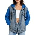 thumbnail image 1 of Hvogkswy Hooded Denim Jacket for Women Long Sleeve Button Down Jean Jacket with Multi-Pocket Fall/Winter Casual Warm Denim Jacket, 1 of 8