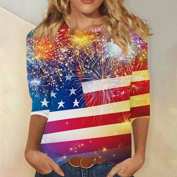 Hvogkswy Independence Day T-Shirt for Women Fashion Print Crew Neck 3/4 Sleeve T-Shirts Loose Comfy Vacation Casual Womens Patriotic Shirts