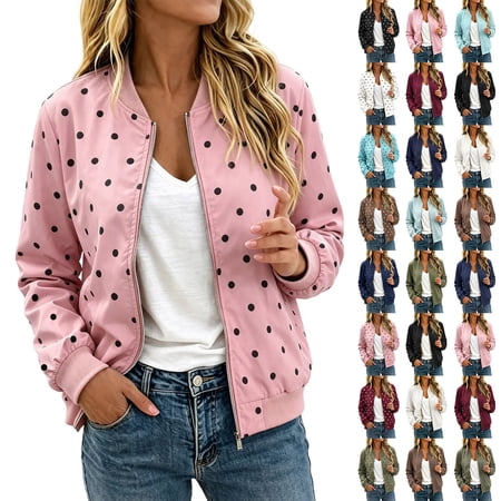 Hvogkswy Jackets for Women Fall Long Sleeve Zip Up Lightweight Jacket Trendy Casual Polka Dot Coats with Pockets